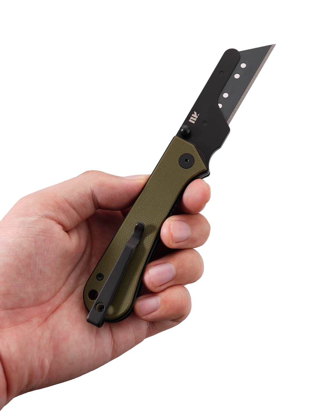 U23 Gen 2 black blade folding utility knife held in hand with the blade extended