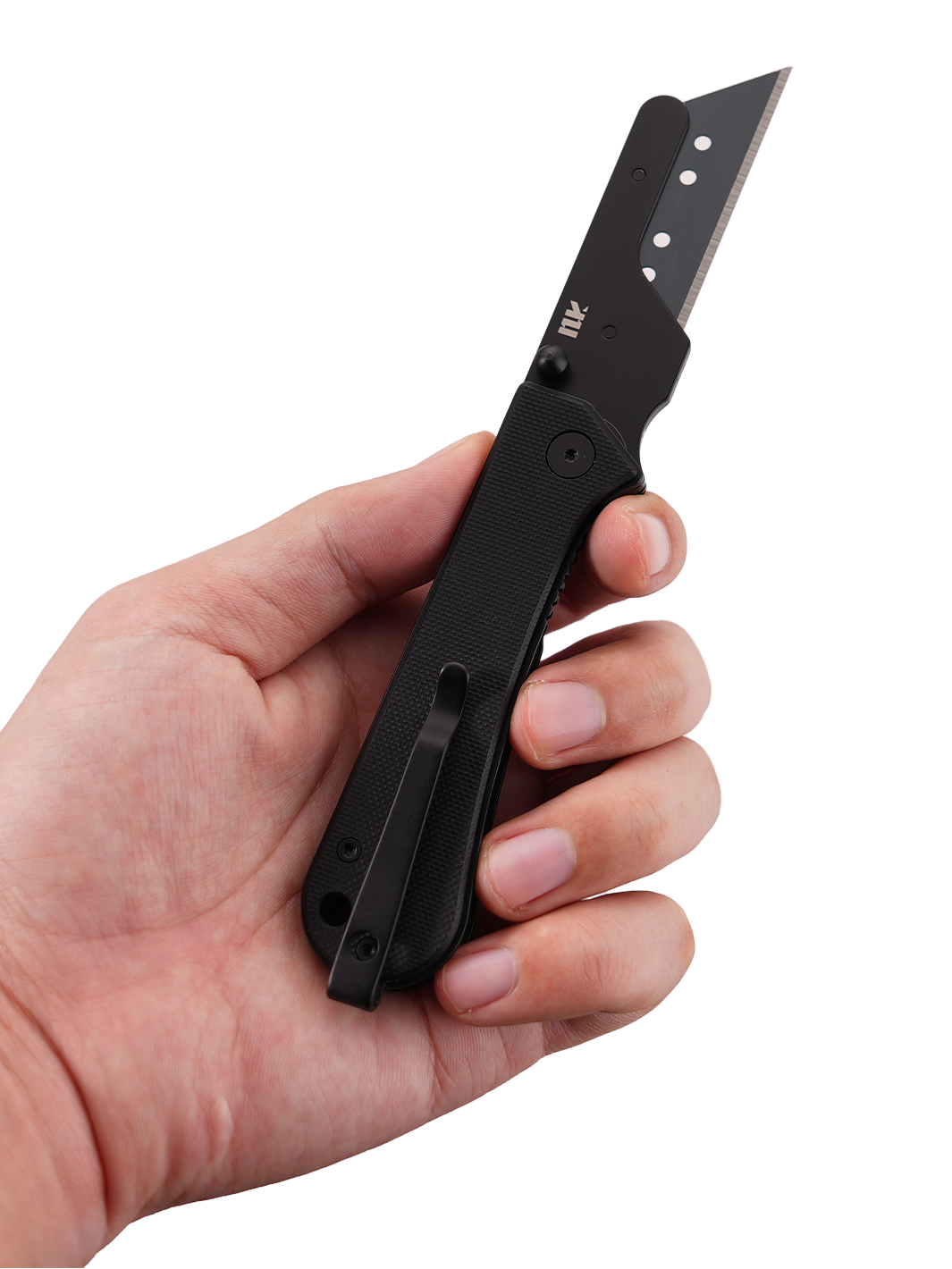U23 Gen 2 black blade folding utility knife held in hand with the blade extended