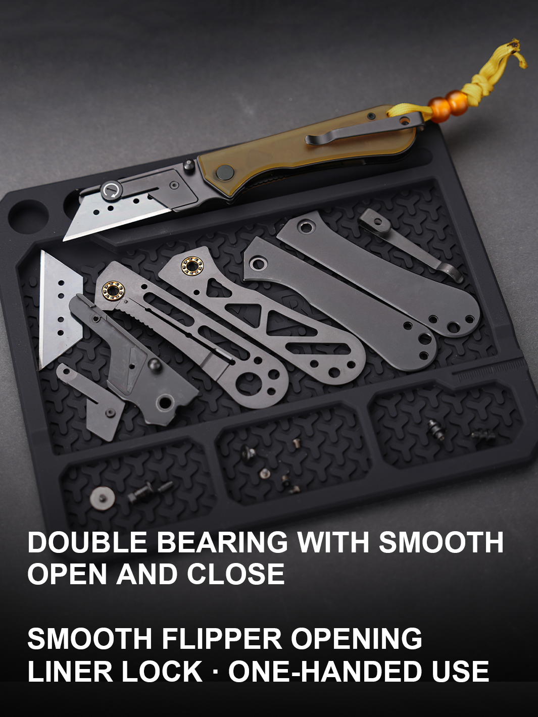 U23 Gen 2 folding utility knife components including the blade, handle scales, liner, lock bar, pivot screw, pocket clip, and hardware