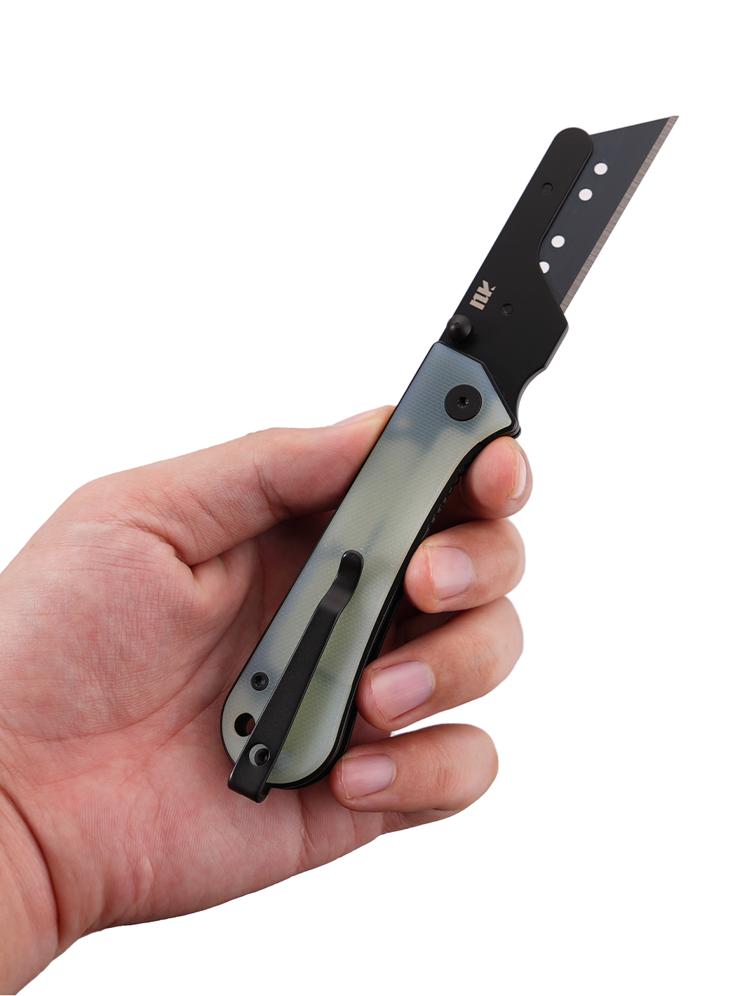 U23 Gen 2 black blade folding utility knife held in hand with the blade extended