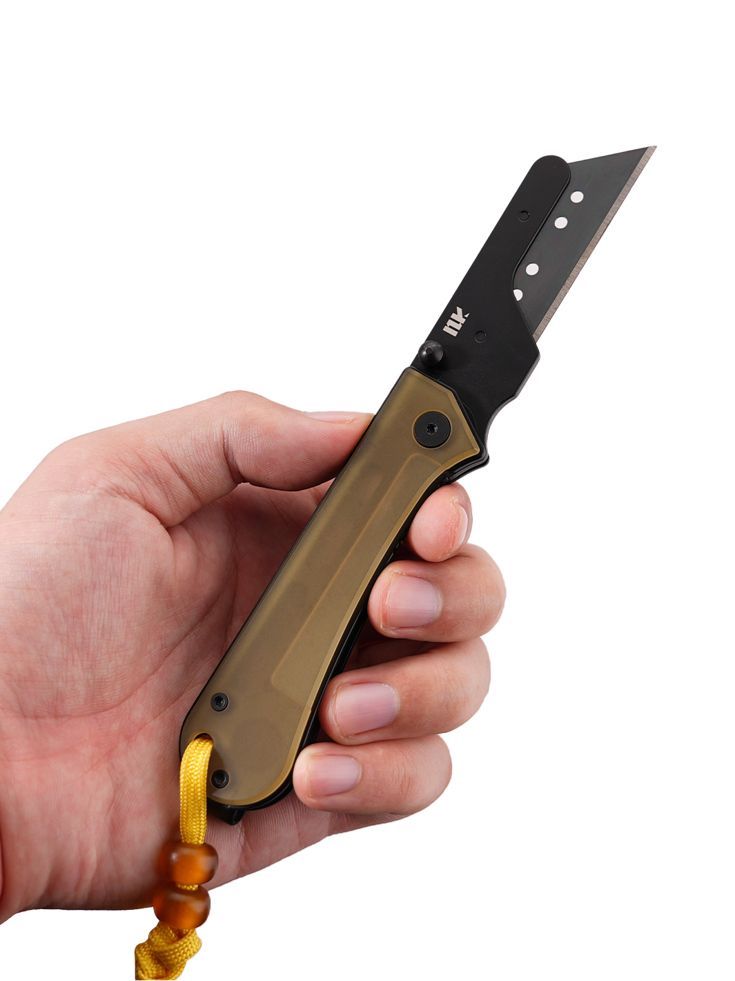 U23 Gen 2 black blade folding utility knife held in hand with the blade extended