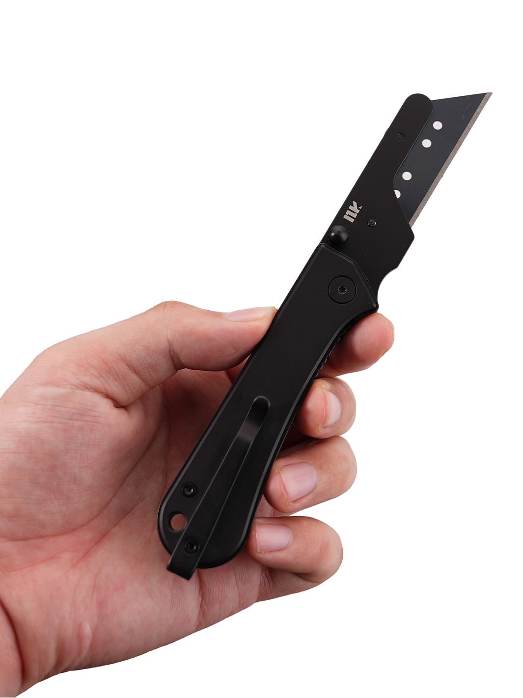U23 Gen 2 black blade folding utility knife held in hand with the blade extended