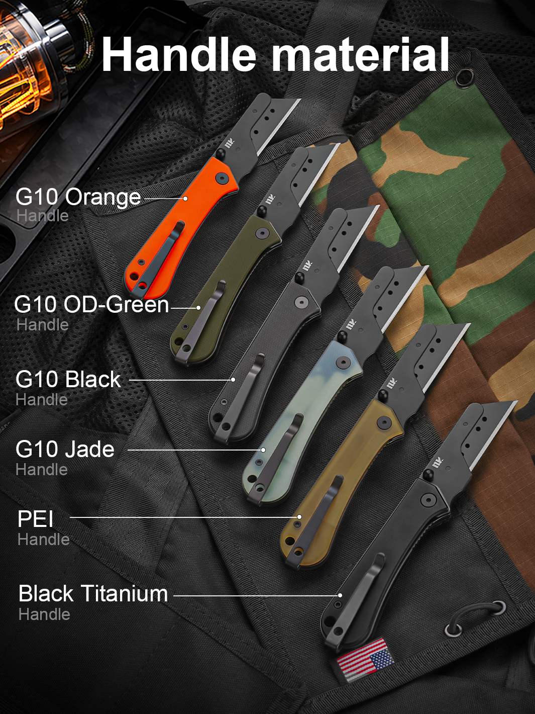 U23 Gen 2 black blade utility knives displayed with different handle colors and material options