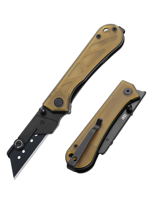 U23 Gen 2 black blade folding utility knife shown in open and closed positions